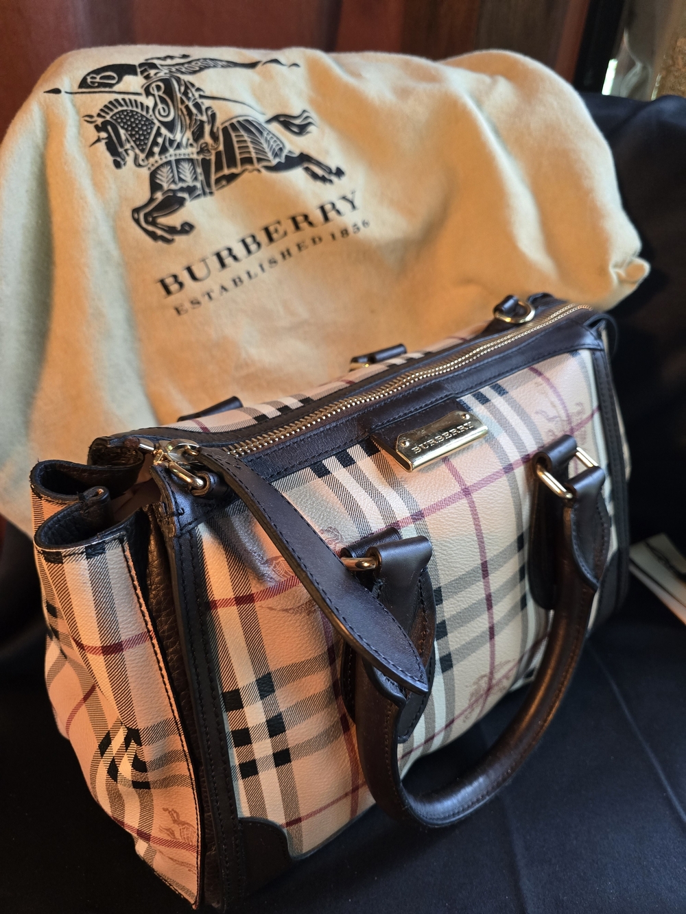 Burberry Beige Black Check Shoulder Bag with Brown Leather Trim